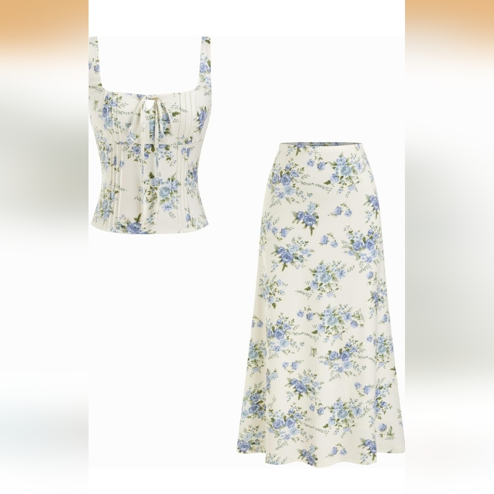 Cider Cream Maxi Skirt with Blue Floral Print